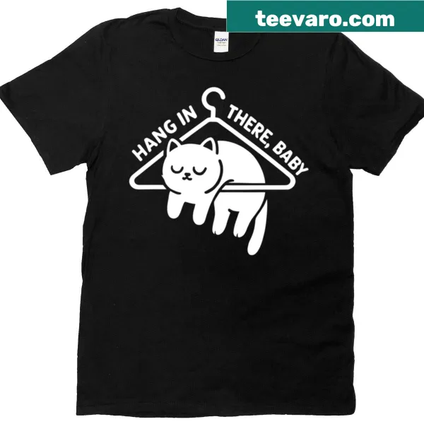 Cute cat graphic on a T-shirt showing a cat sleeping on a hanger