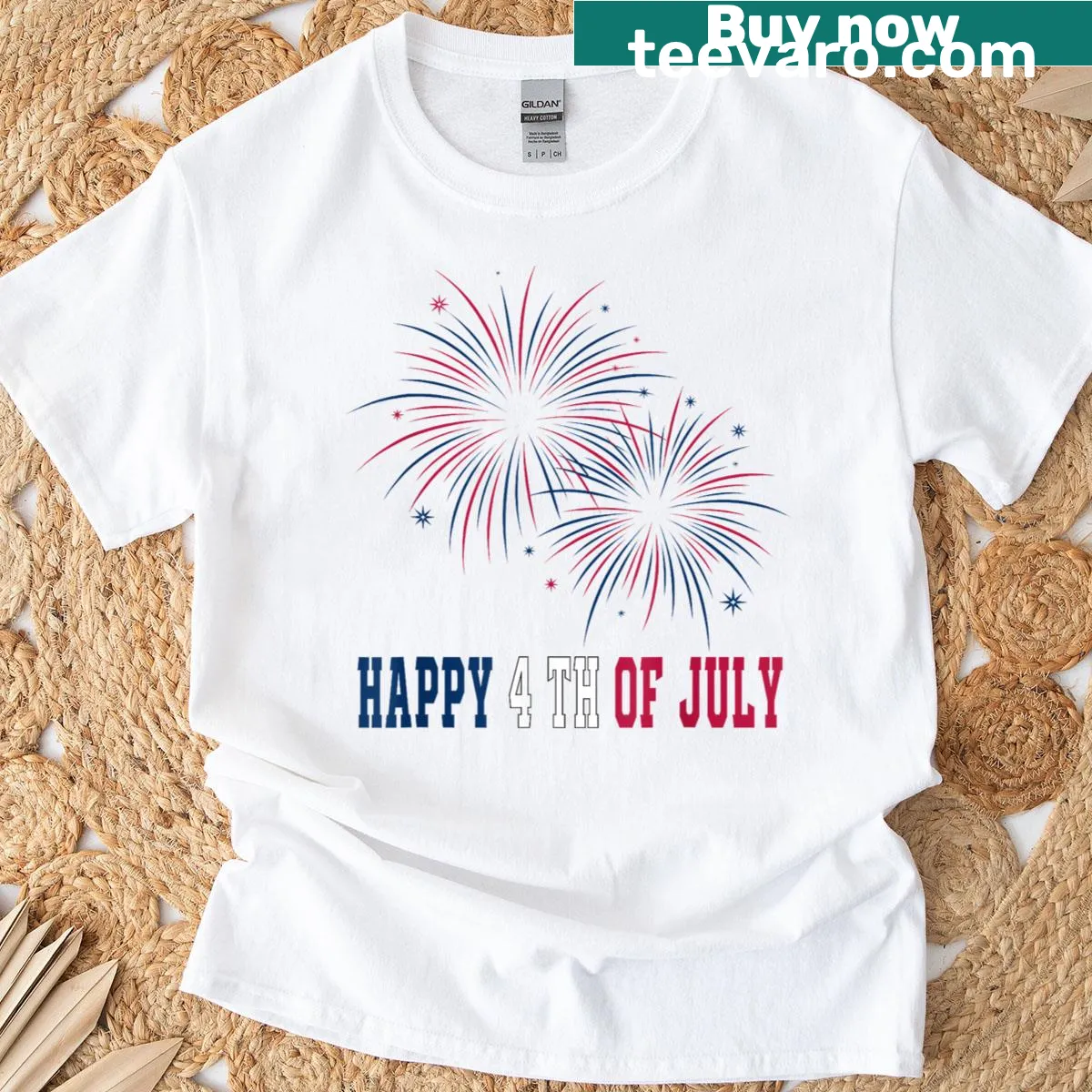 Patriotic T-shirt with fireworks design for July 4th. — on a men's t-shirt