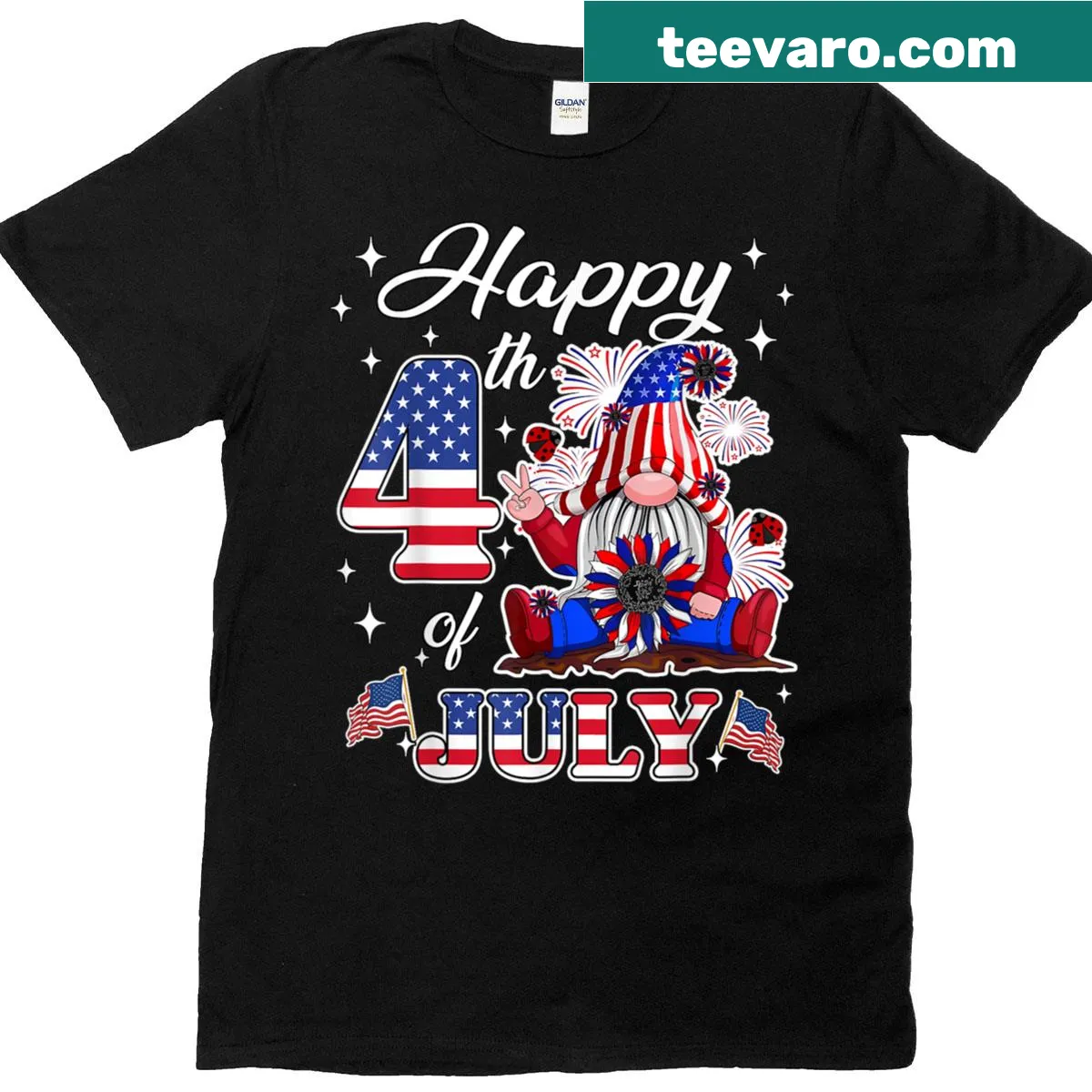 Gnome and sunflower graphic on a 4th of July T-shirt — on a men's t-shirt