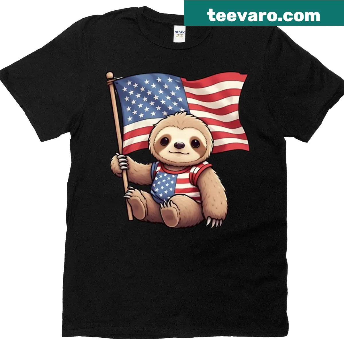Oversized T-shirt of a sloth holding the American flag — on a men's t-shirt