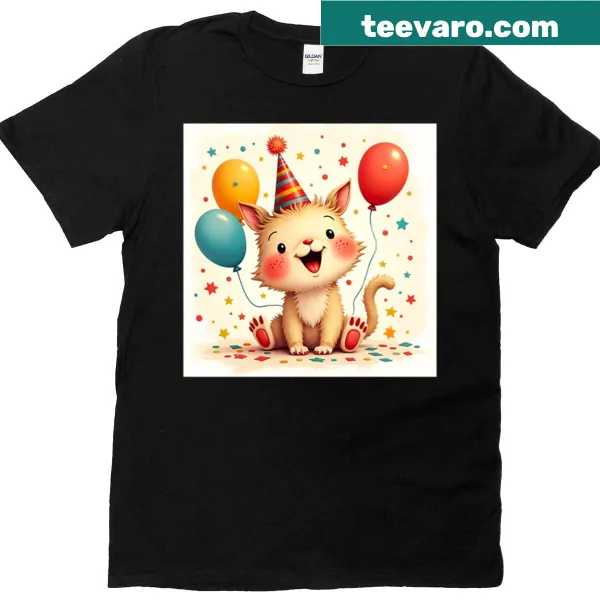 Cute T-shirt with happy birthday animal cartoon graphic