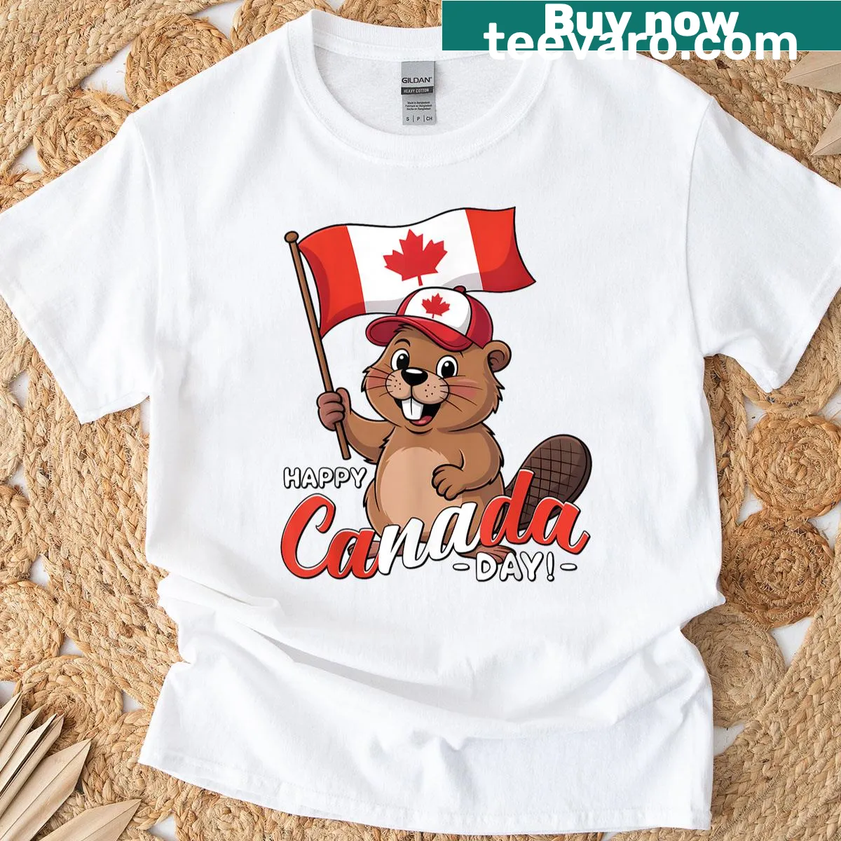 Cute Canadian-themed t-shirt featuring a beaver and flag design — on a men's t-shirt