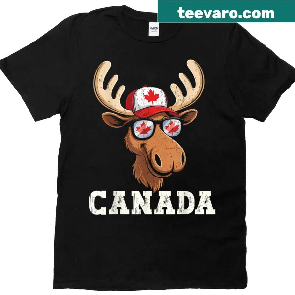 Maple leaf and sunglasses graphic on a Canada Day T-shirt