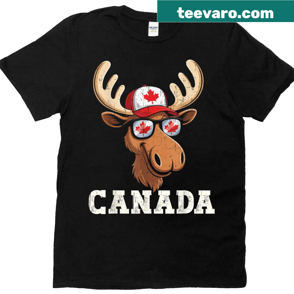 Maple leaf and sunglasses graphic on a Canada Day T-shirt — on a men's t-shirt