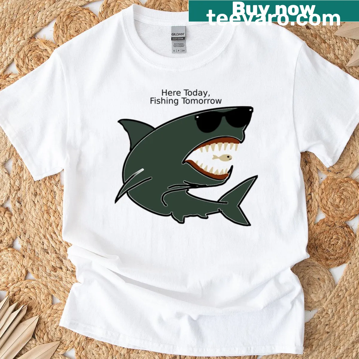 Fun shark sticker graphic on a fishing-themed t-shirt — on a men's t-shirt