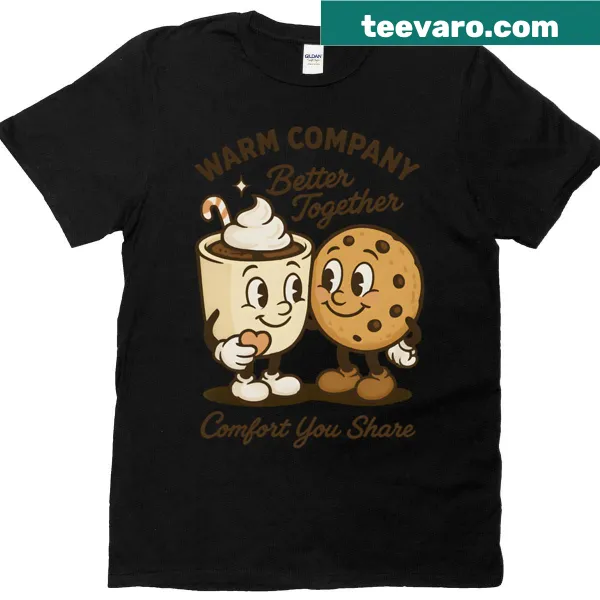 T-shirt with whimsical hot cocoa and cookie graphic