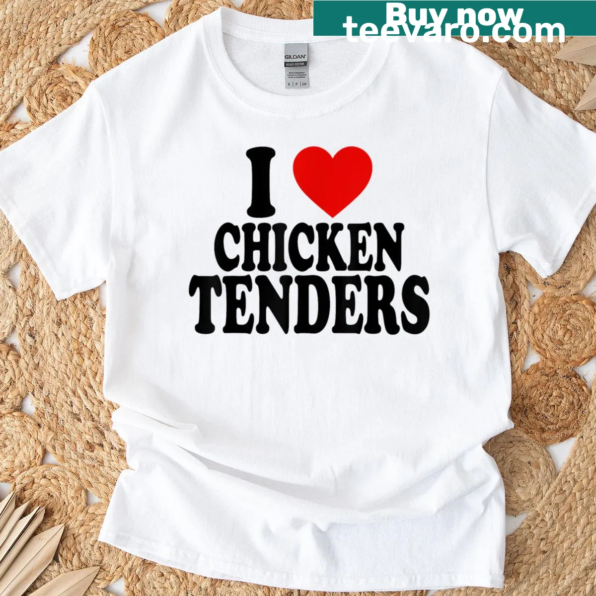 Cute T-shirt featuring a heart and chicken tenders graphic. — on a men's t-shirt