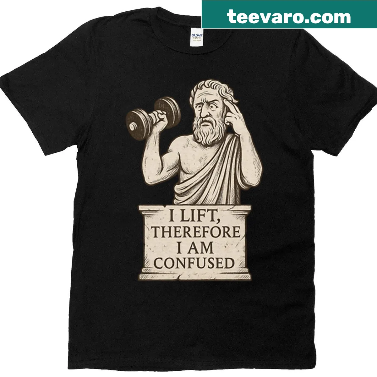 Graphic shirt with the phrase 'I Lift Therefore I Am Confused' and gymcore design — on a men's t-shirt
