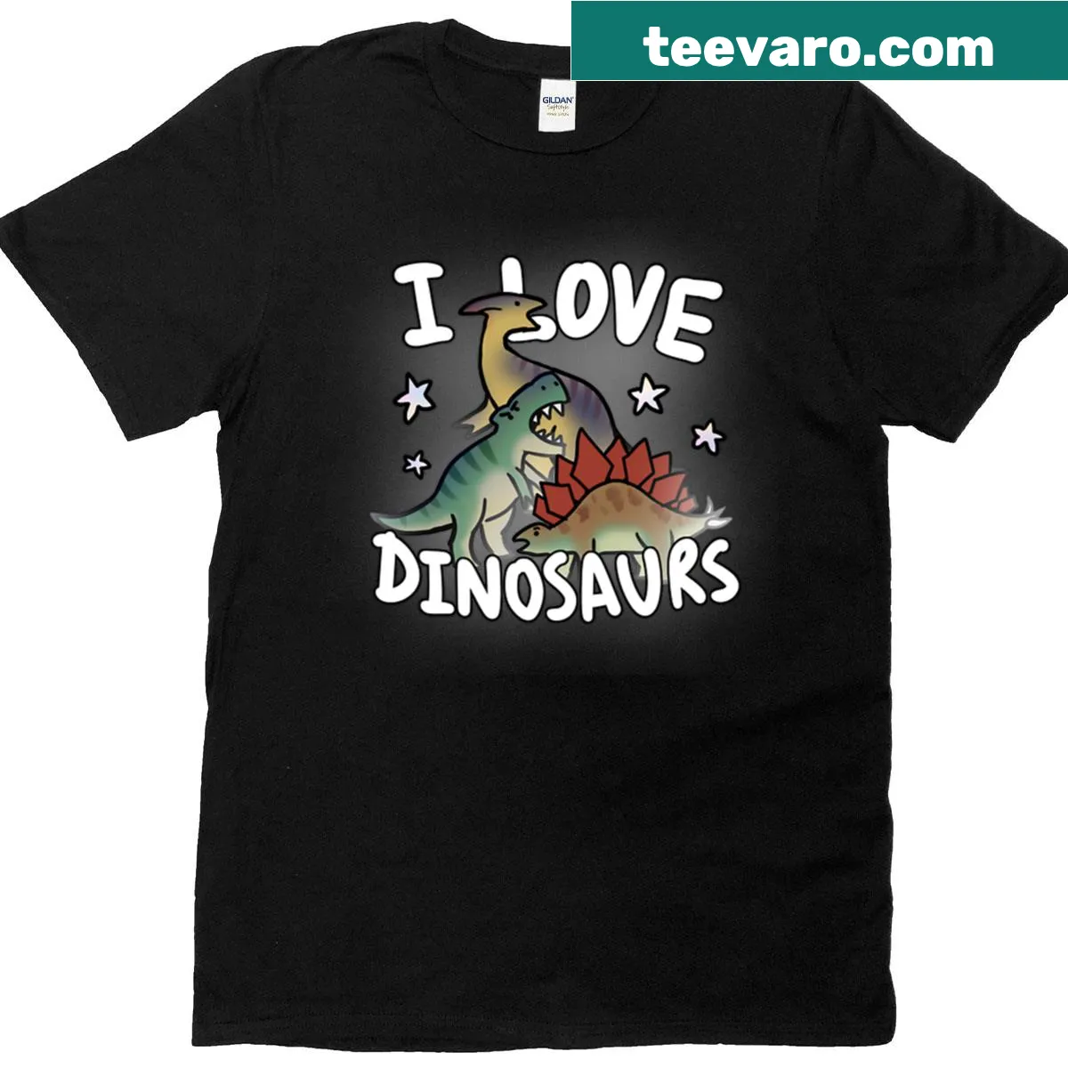 T-shirt with playful text and dinosaur graphic: I Love Dinosaurs — on a men's t-shirt