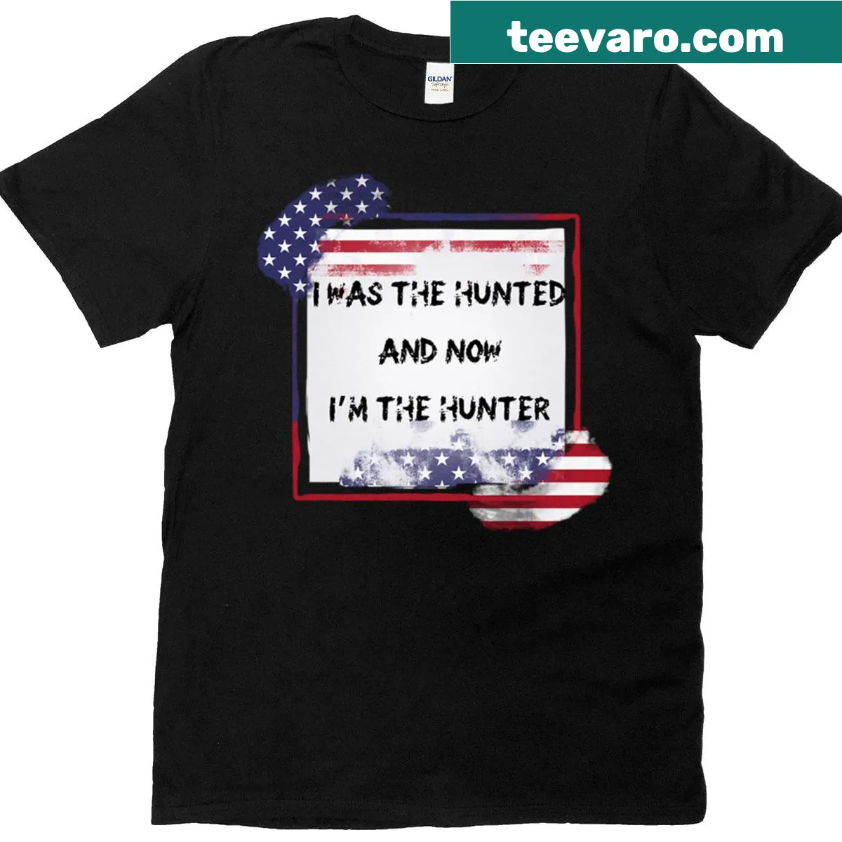 Oversized t-shirt with USA flag and text about being the hunter — on a men's t-shirt