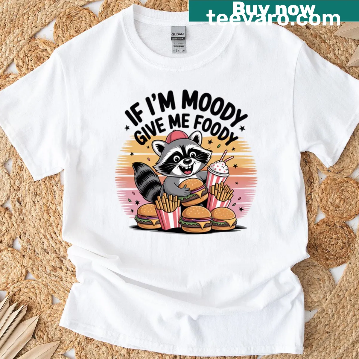 Illustration of a raccoon with food, funny quote about mood — on a men's t-shirt