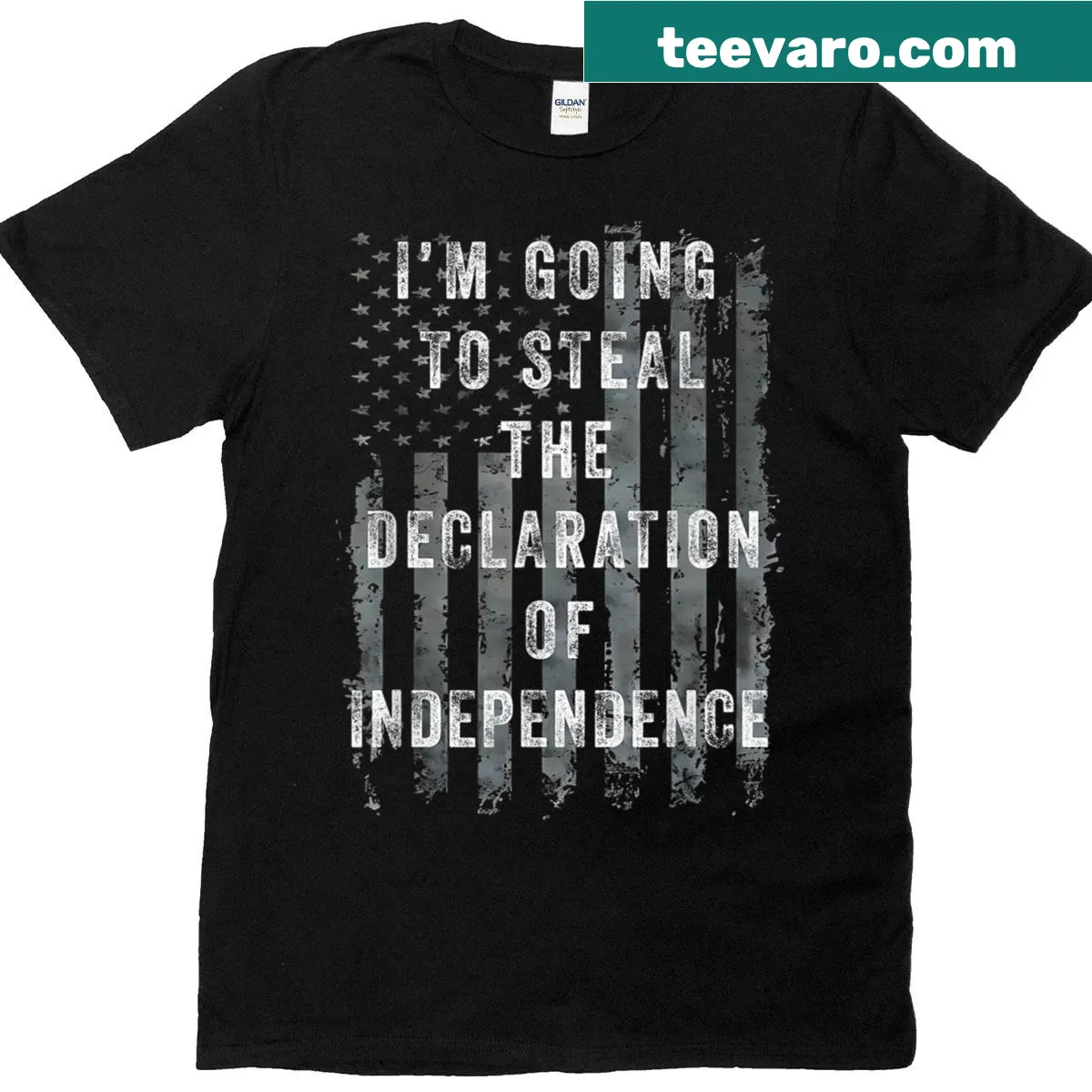 Playful shirt with the phrase 'I'm Going To Steal The Declaration Of Independence' and USA flag design — on a men's t-shirt