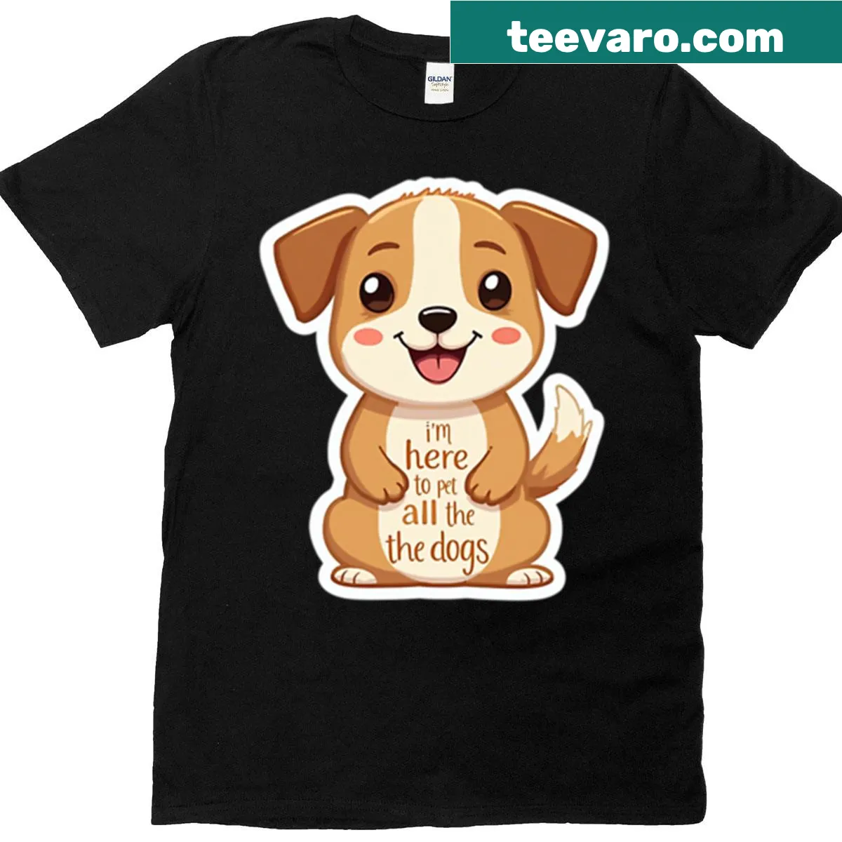 Funny t-shirt with text: I'm Here To Pet All The Dogs — on a men's t-shirt