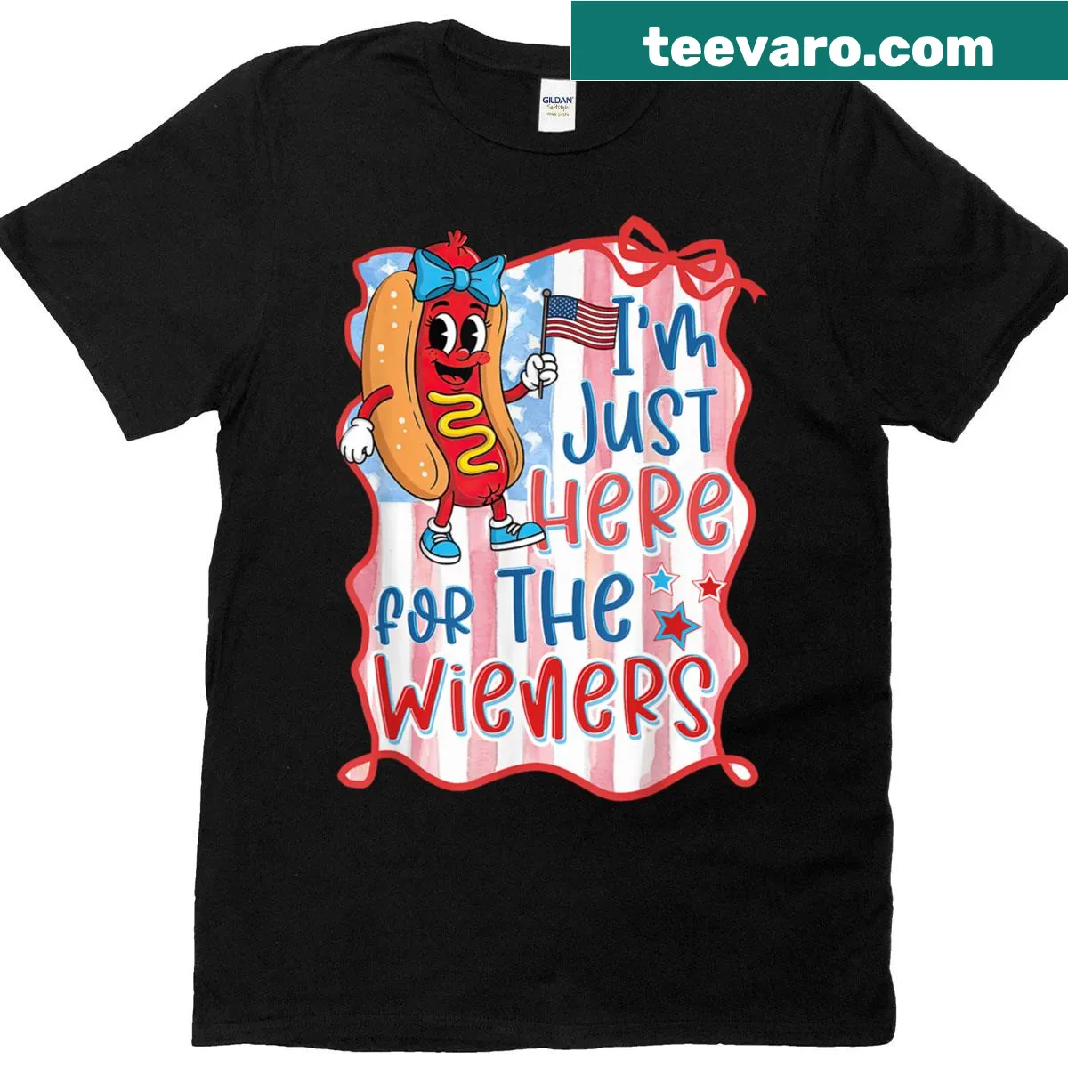 Girly 4th of July T-shirt with humorous hotdog graphics and text — on a men's t-shirt