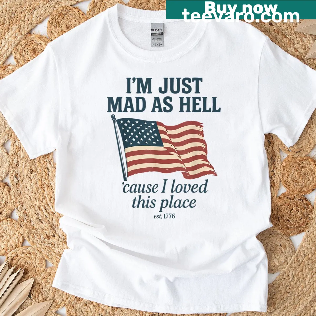Sarcastic USA flag T-shirt with bold phrase about patriotism — on a men's t-shirt