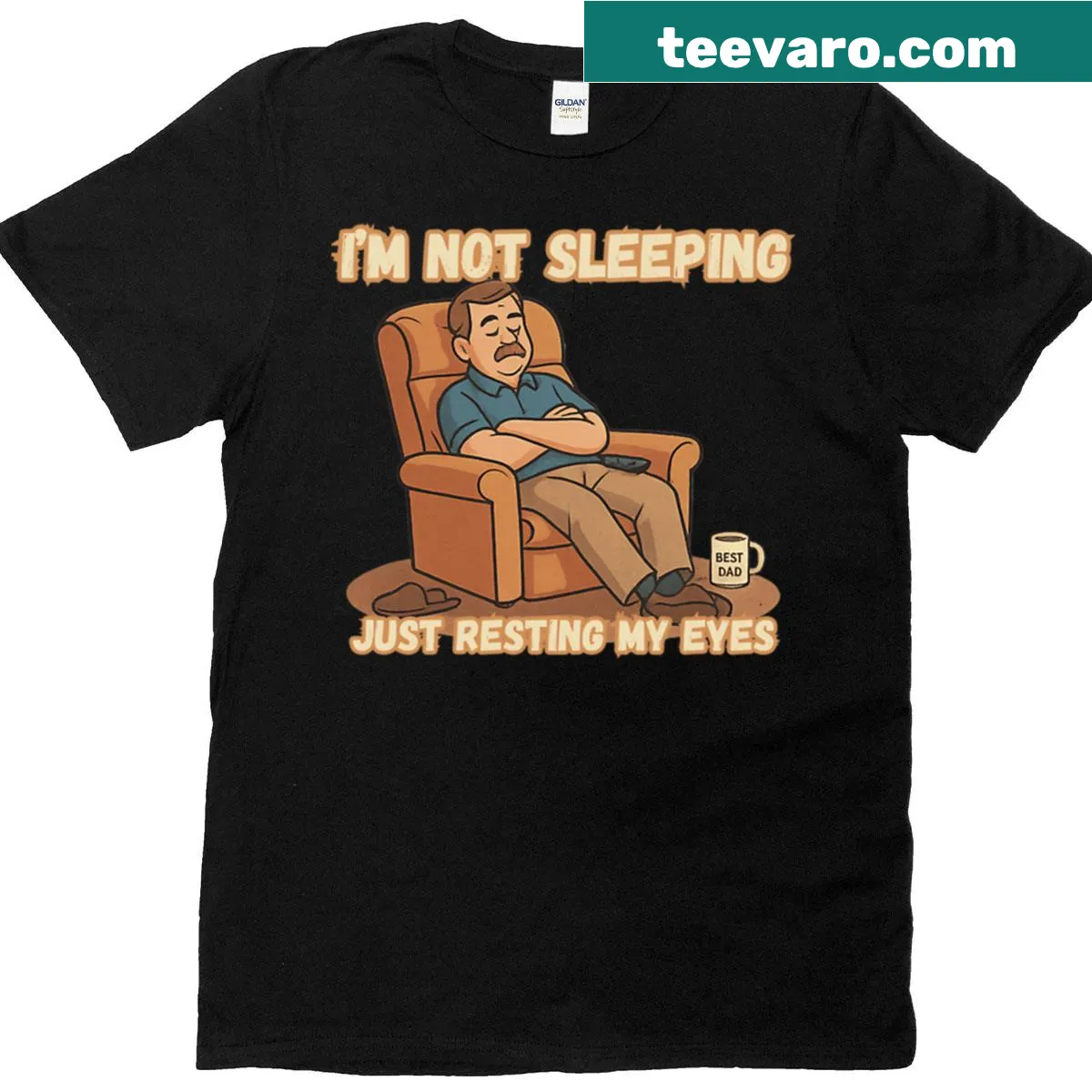Funny dad t-shirt with the phrase: I'm Not Sleeping, I'm Resting My Eyes — on a men's t-shirt