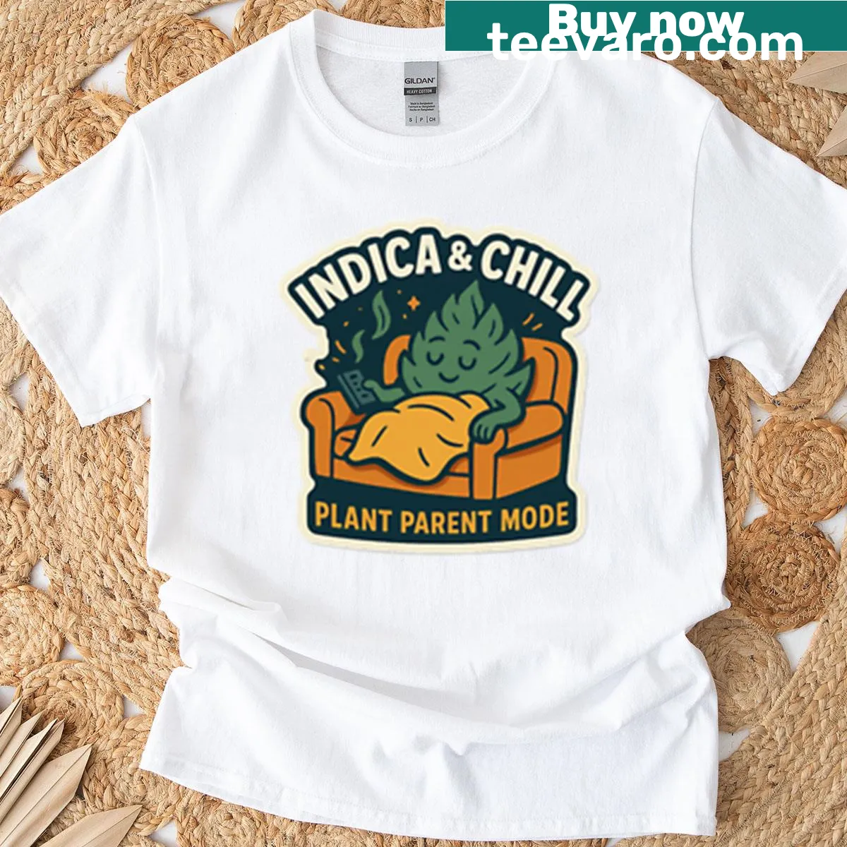 Boxy t-shirt with the phrase 'Indica Chill' and cannabis graphics — on a men's t-shirt