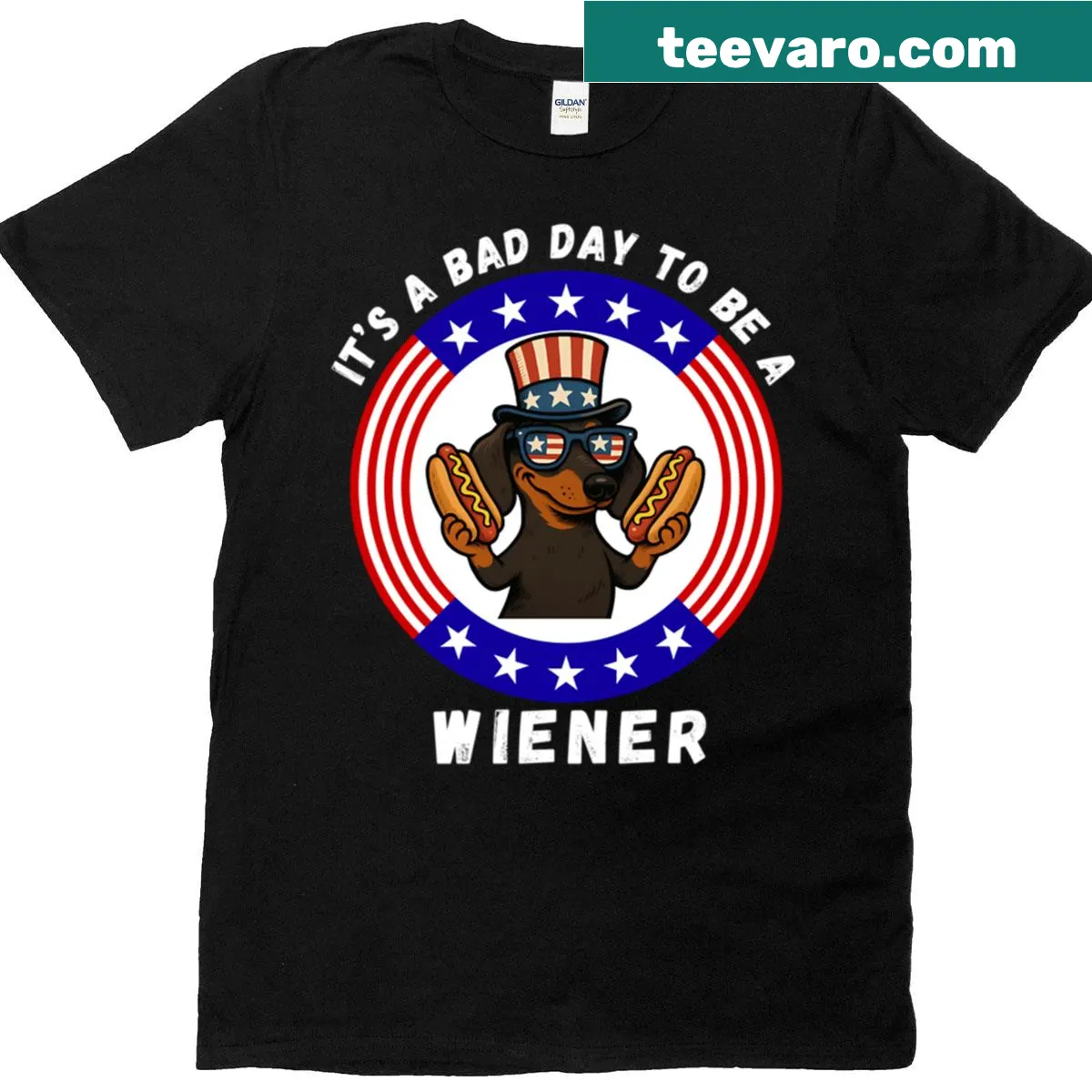 Funny dachshund shirt with a humoristic Fourth of July theme — on a men's t-shirt