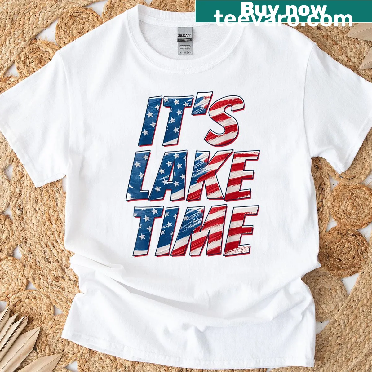 Patriotic t-shirt with USA flag and 'It's Lake Time' text — on a men's t-shirt
