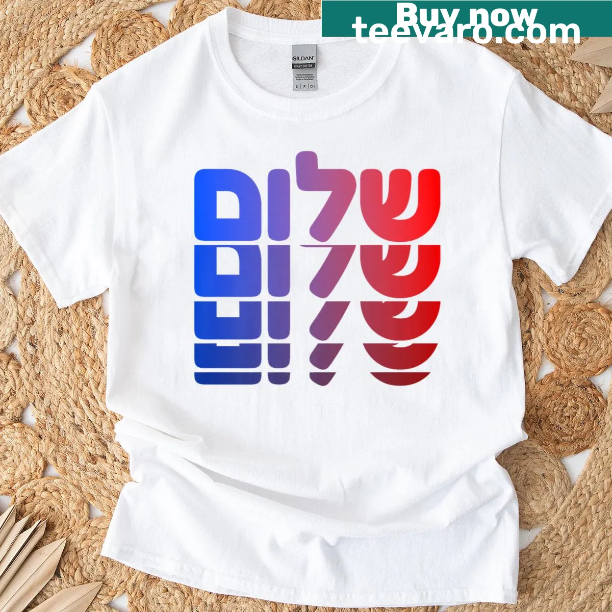T-shirt featuring the words Shalom and Paz, promoting peace and unity — on a men's t-shirt