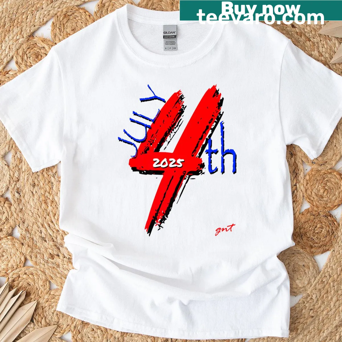 July 4th themed t-shirt with patriotic graphic design — on a men's t-shirt