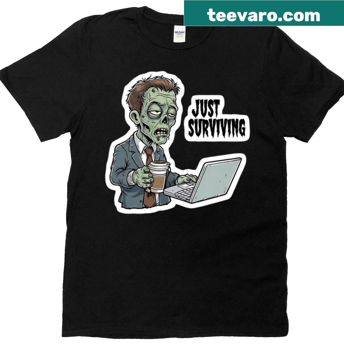 T-shirt with a playful skeleton and pumpkin design and the phrase Just Waiting For Halloween. — on a men's t-shirt