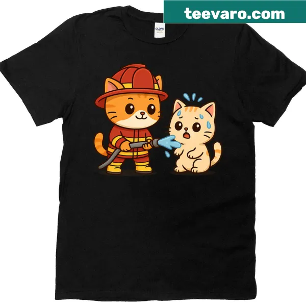 Kawaii firefighter cat graphic in a water fight illustration