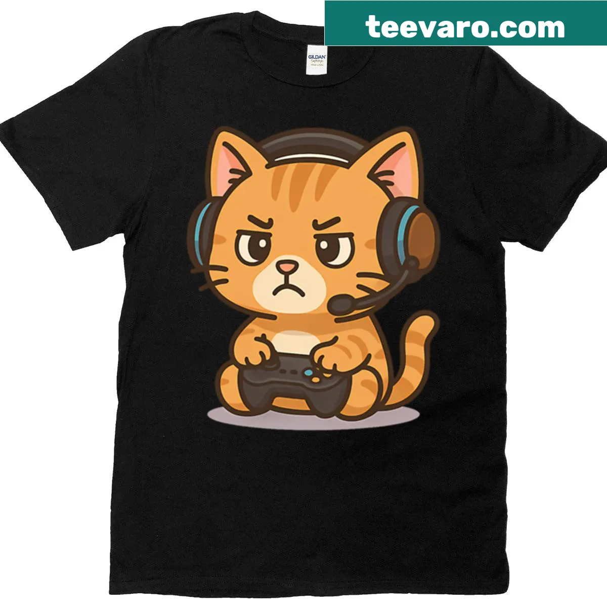 Kawaii cat with headphones for gaming on T-shirt — on a men's t-shirt