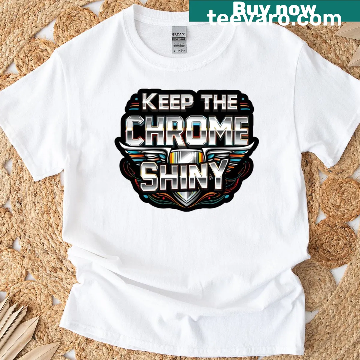 Auto enthusiast t-shirt with 'Keep The Chrome Shiny' bold text — on a men's t-shirt