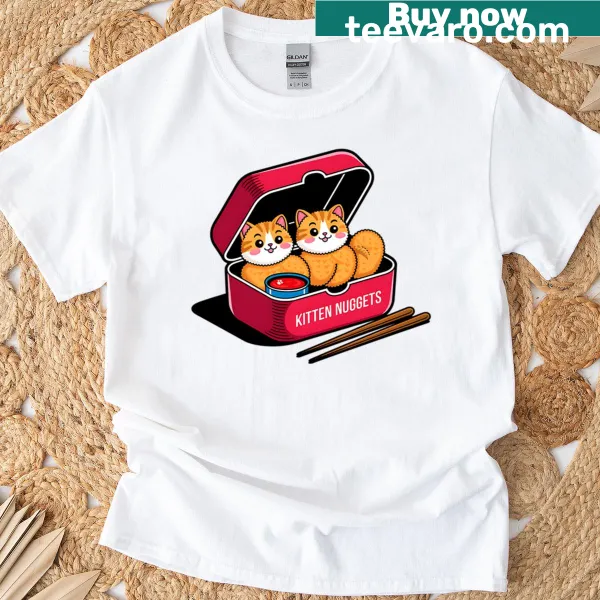 Cute cartoon t-shirt featuring Kitten Nuggets cat food parody design