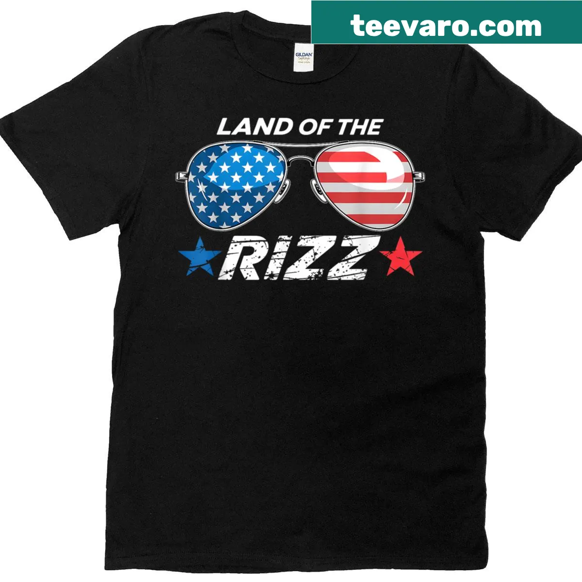 Funny T-shirt featuring sunglasses over the American flag for Fourth of July — on a men's t-shirt