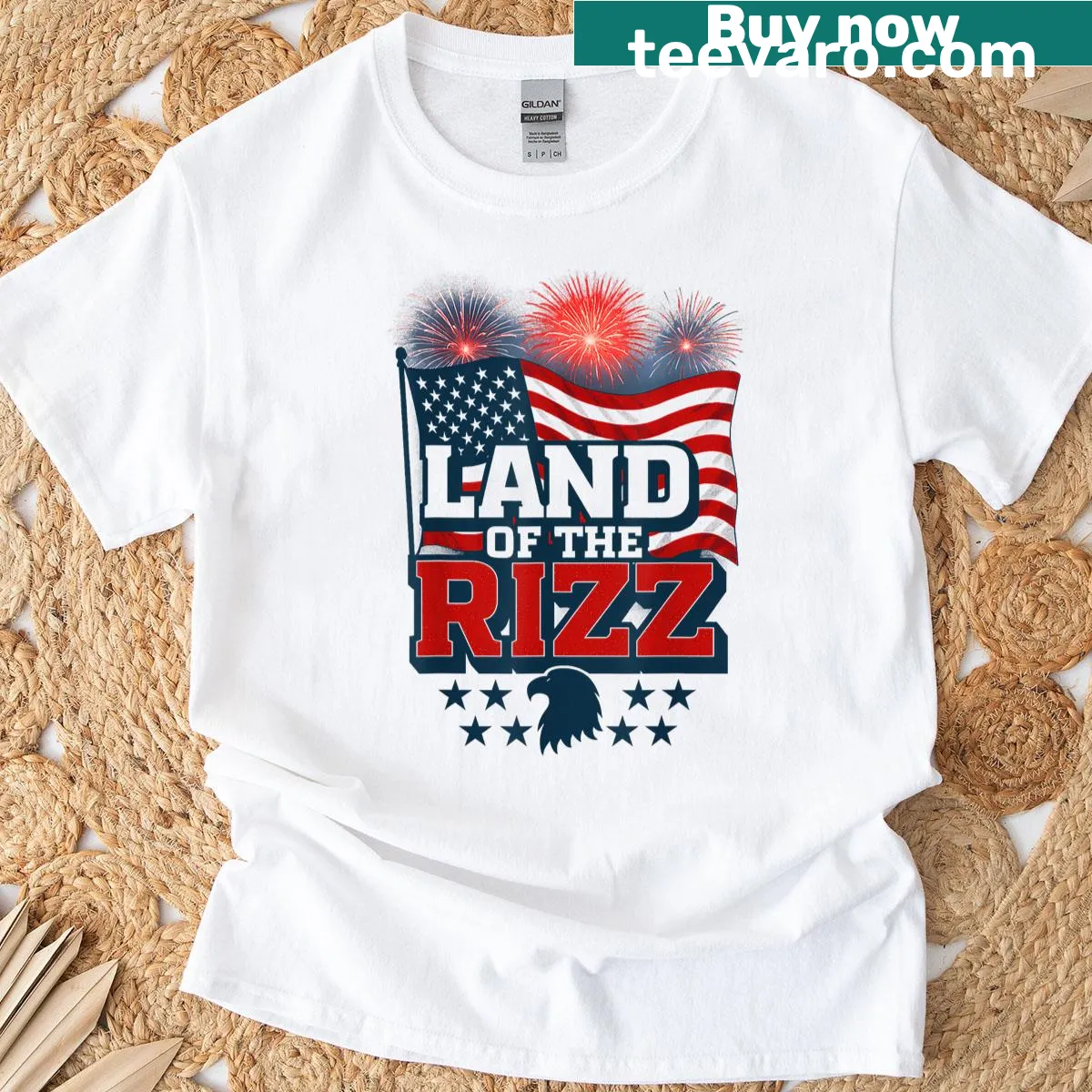 Funny patriotic T-shirt with 'Land Of The Rizz' and US flag — on a men's t-shirt