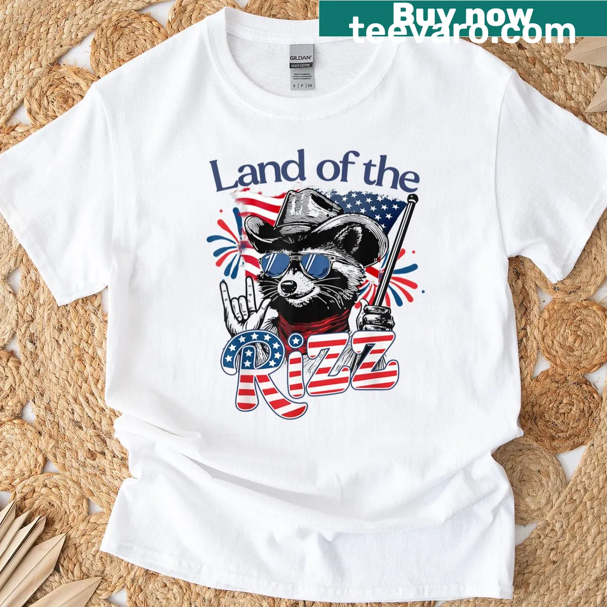 Funny T-shirt featuring a patriotic raccoon design with US flag — on a men's t-shirt