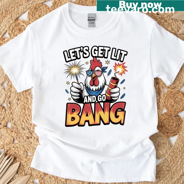 Funny T-shirt featuring a chicken design with fireworks for July 4th