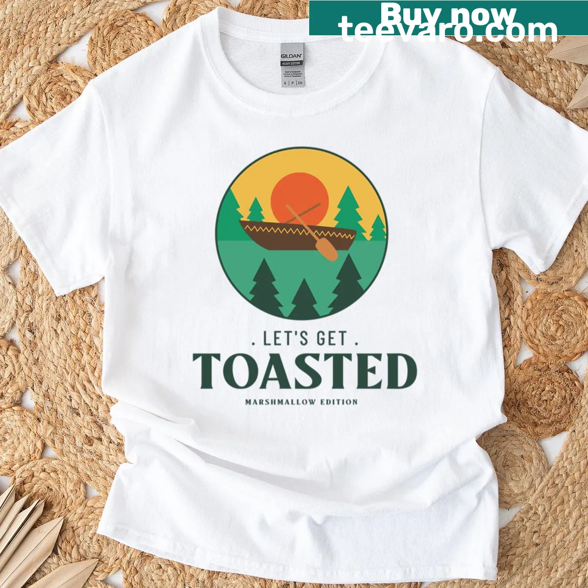 Summer camping T-shirt featuring 'Let's Get Toasted' with marshmallows — on a men's t-shirt