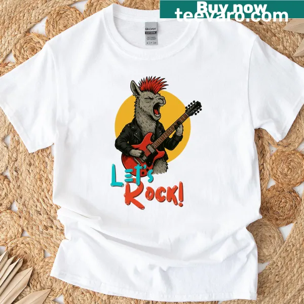 Punk llama character playing guitar on a fun t-shirt