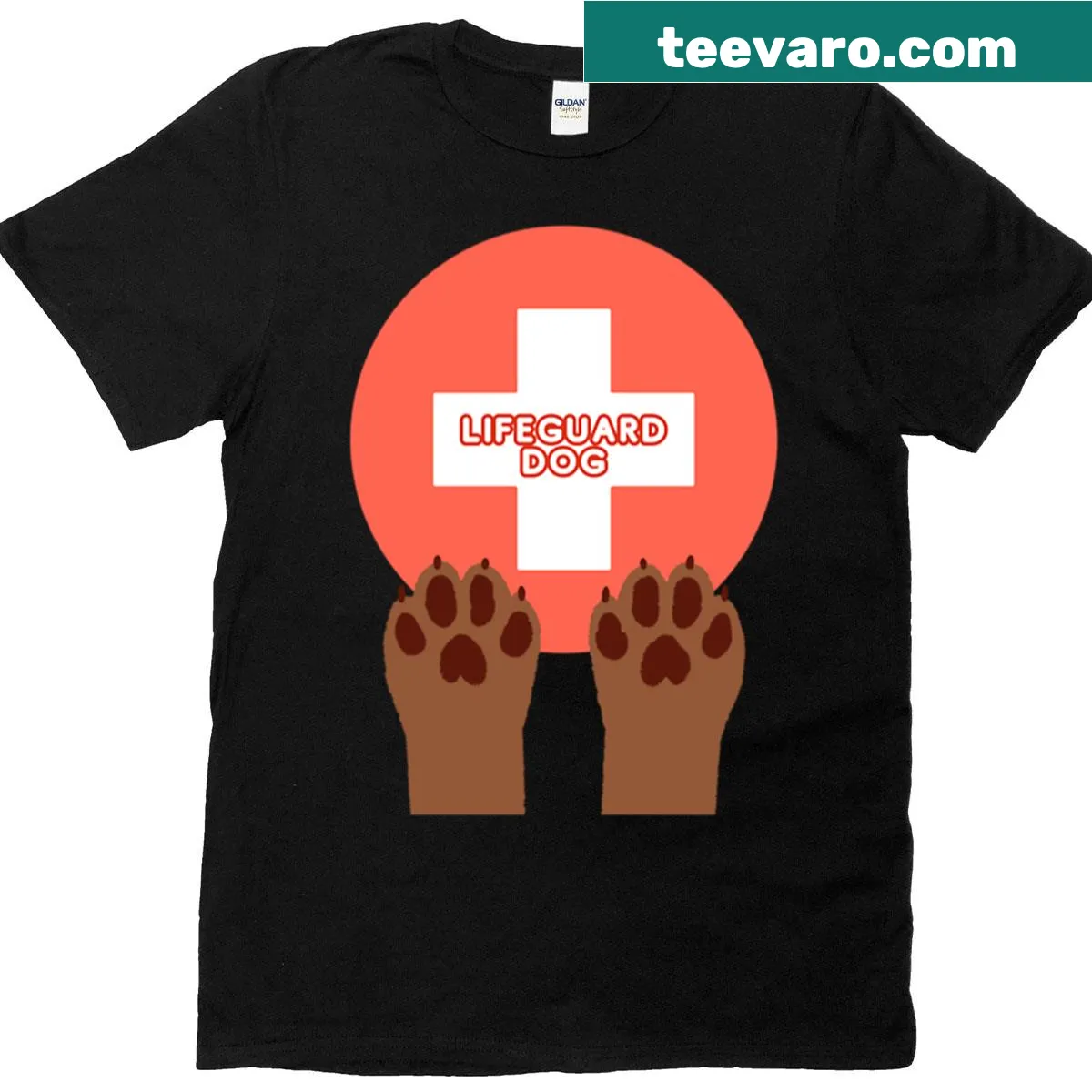 Cute lifeguard dog graphic t-shirt with paw prints — on a men's t-shirt