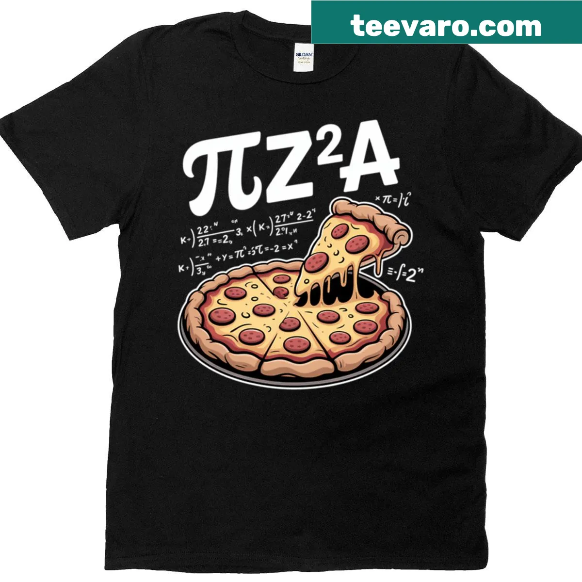 Funny typography t-shirt featuring math and pizza theme with pi symbol. — on a men's t-shirt