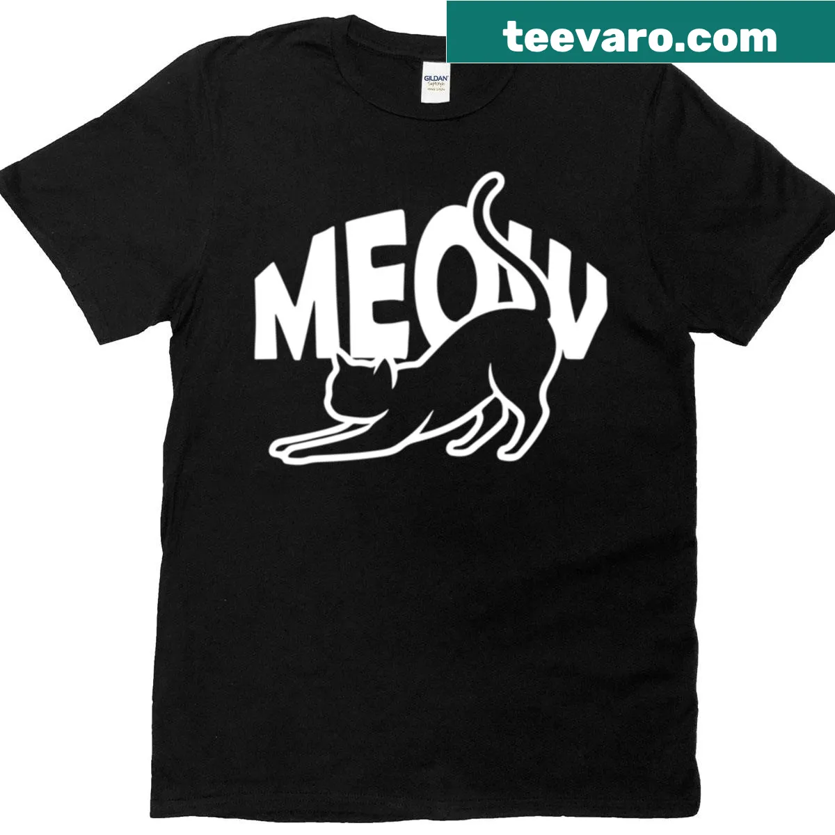 Minimalist line-art design featuring a cat and 'Meow' text. — on a men's t-shirt