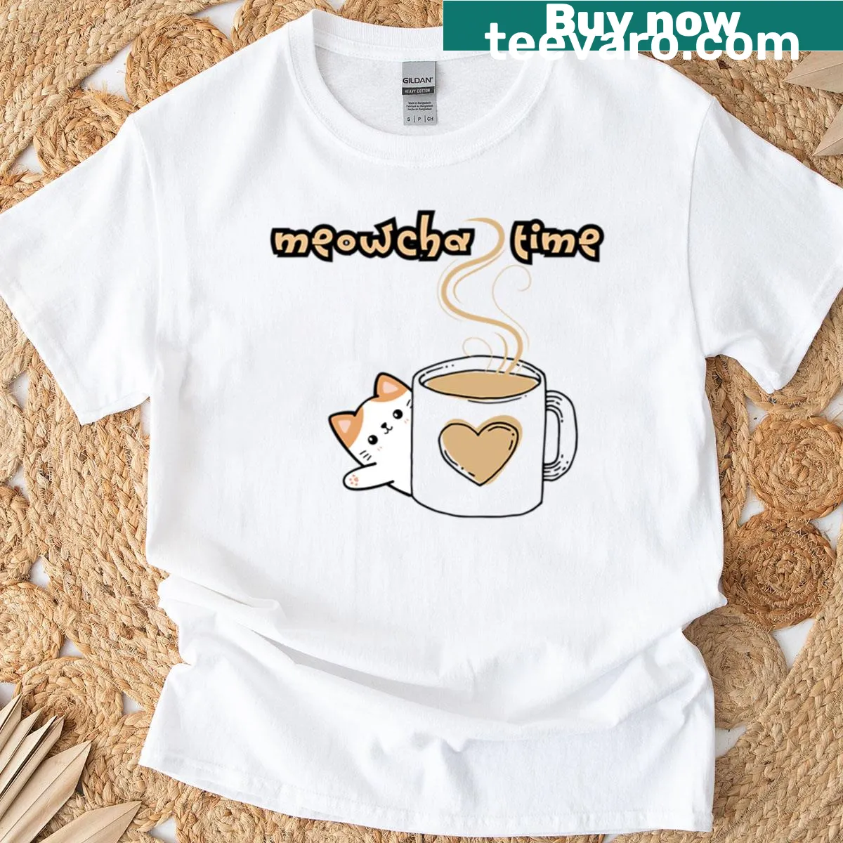 Cute T-shirt with 'Meowcha Time' cat and coffee illustration — on a men's t-shirt