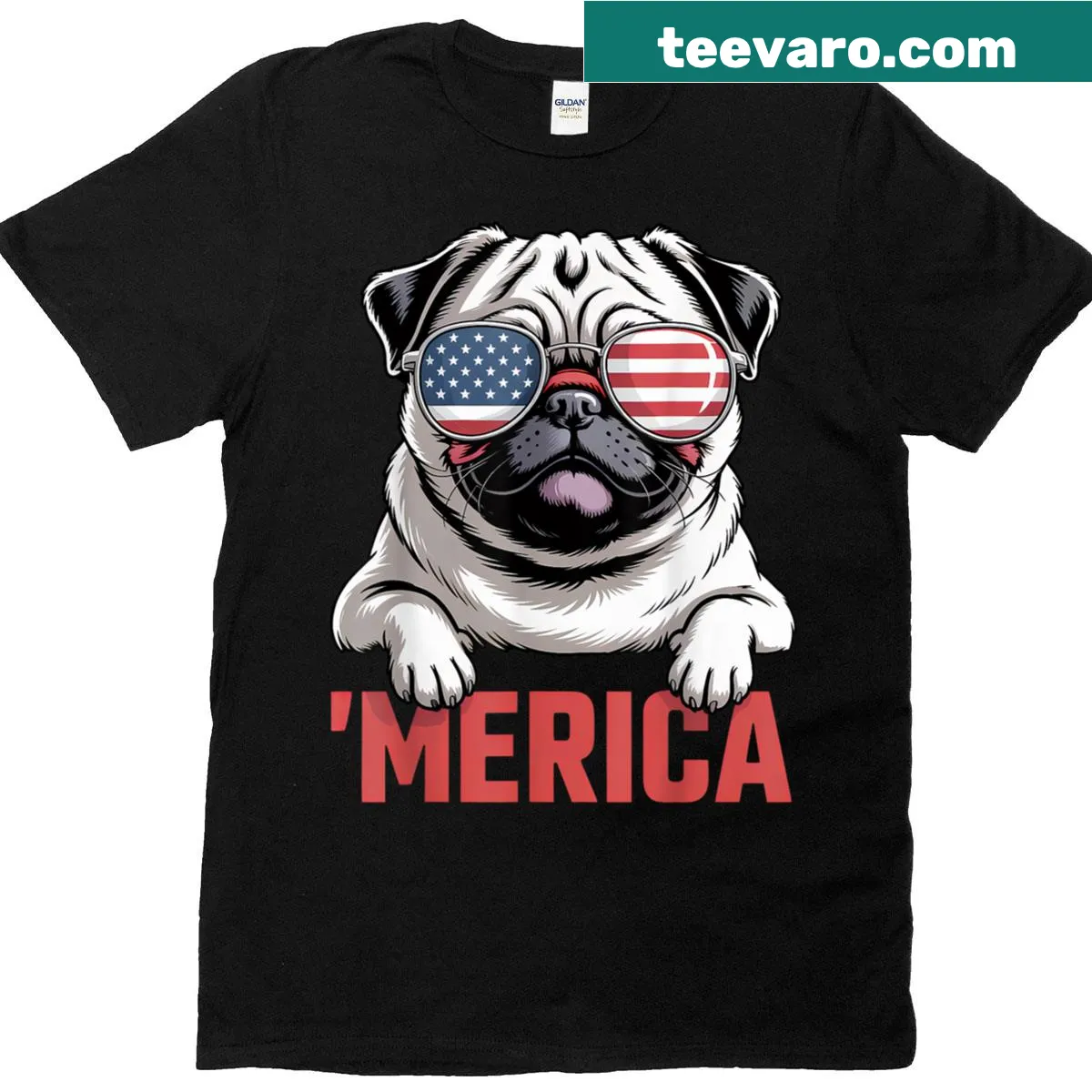 Patriotic pug t-shirt featuring American flag illustration for dog lovers — on a men's t-shirt