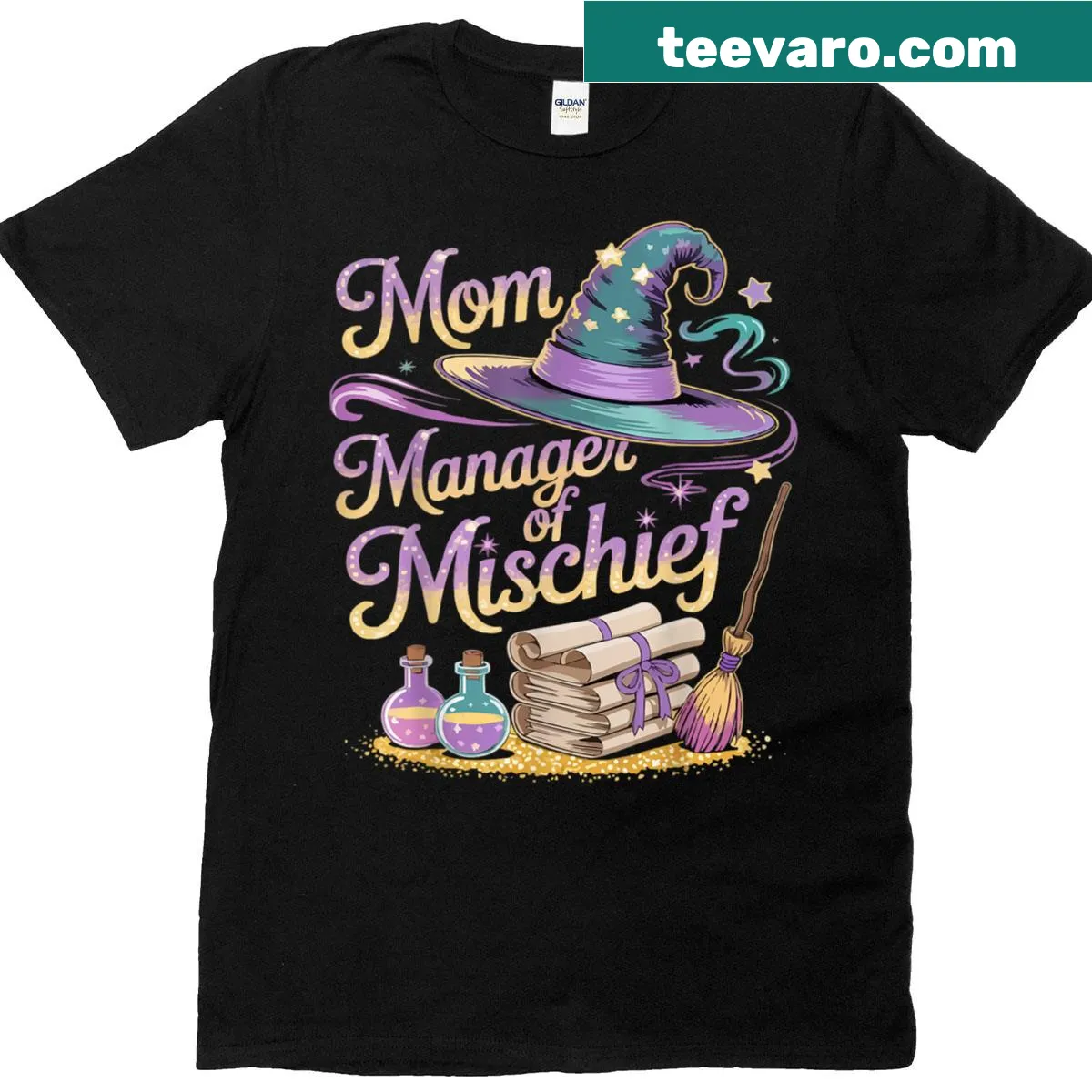 Funny t-shirt for moms with 'Mom Manager Of Mischief' text — on a men's t-shirt