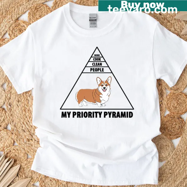 Illustrated pyramid of corgis representing priorities on a t-shirt
