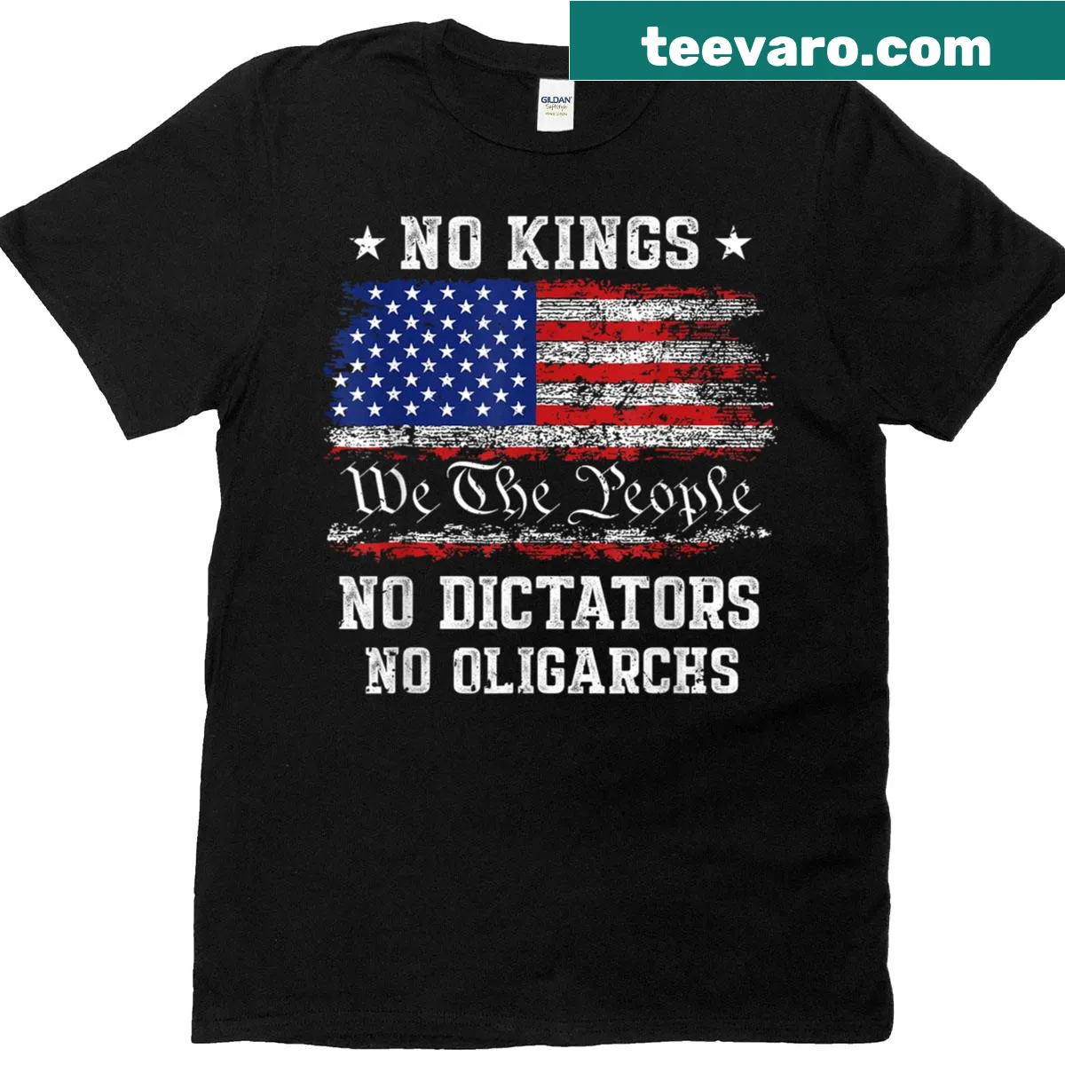 Patriotic T-shirt with the phrase 'No Kings No Dictators No Oligarchs' — on a men's t-shirt