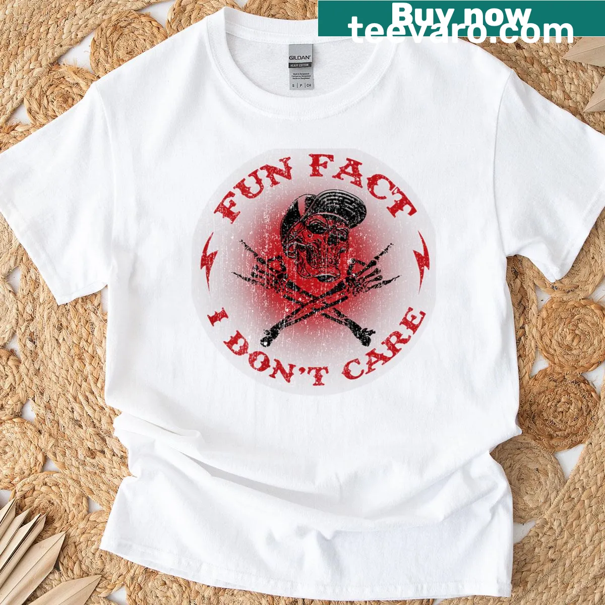 Sarcastic T-shirt featuring skeleton and 'I Don't Care' phrase — on a men's t-shirt