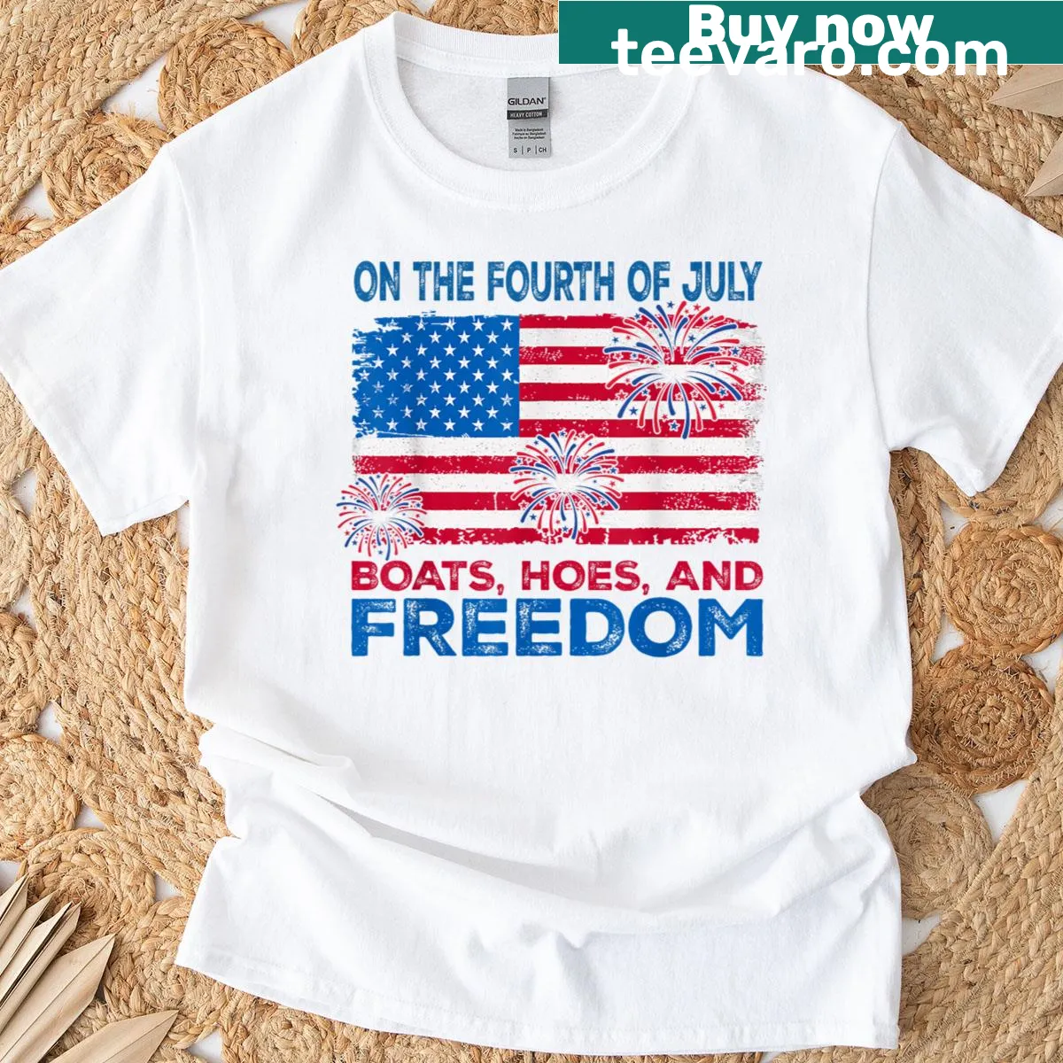 4th of July t-shirt reading 'Boats Hoes And Freedom' — on a men's t-shirt
