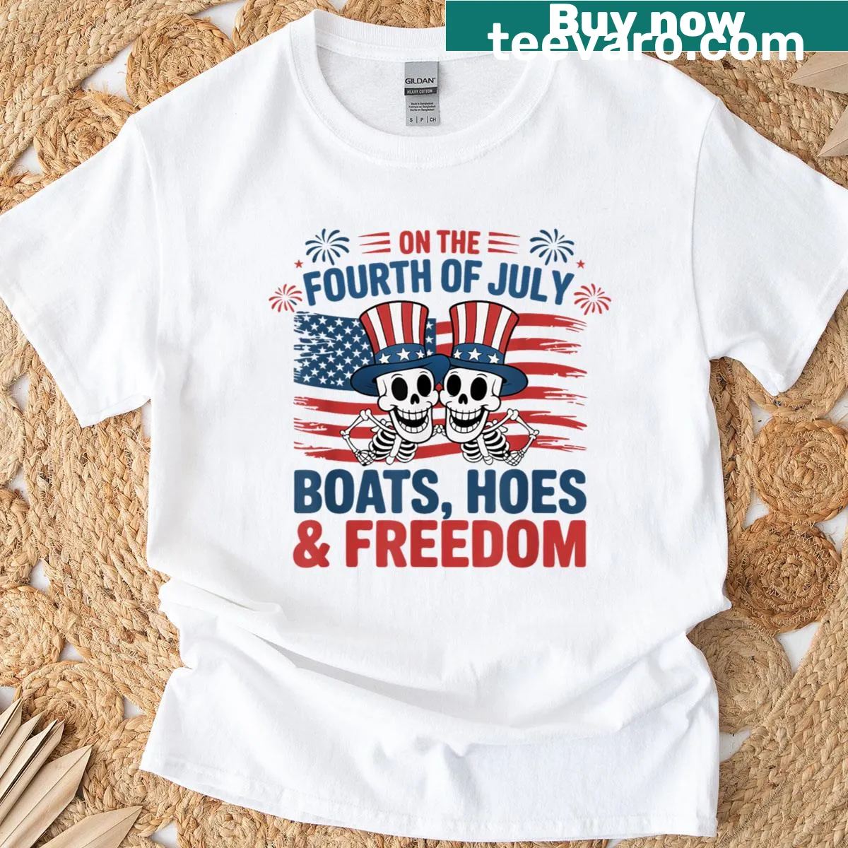 Funny skeleton graphic on Fourth of July T-shirt with boat theme — on a men's t-shirt