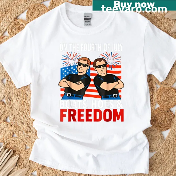 Bold Fourth of July T-shirt with 'Boats Hoes Freedom' text