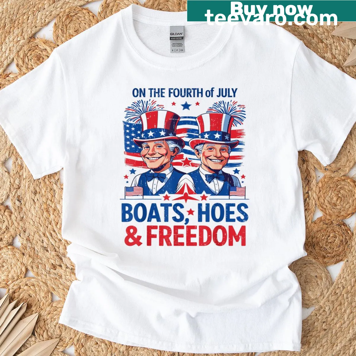 Fourth of July T-shirt with 'Boats Hoes Freedom' text — on a men's t-shirt