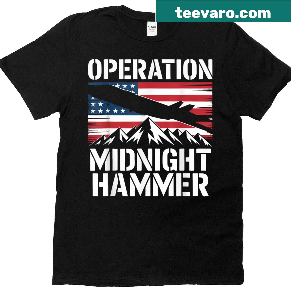 B-2 Stealth Bomber t-shirt with American flag graphic — on a men's t-shirt